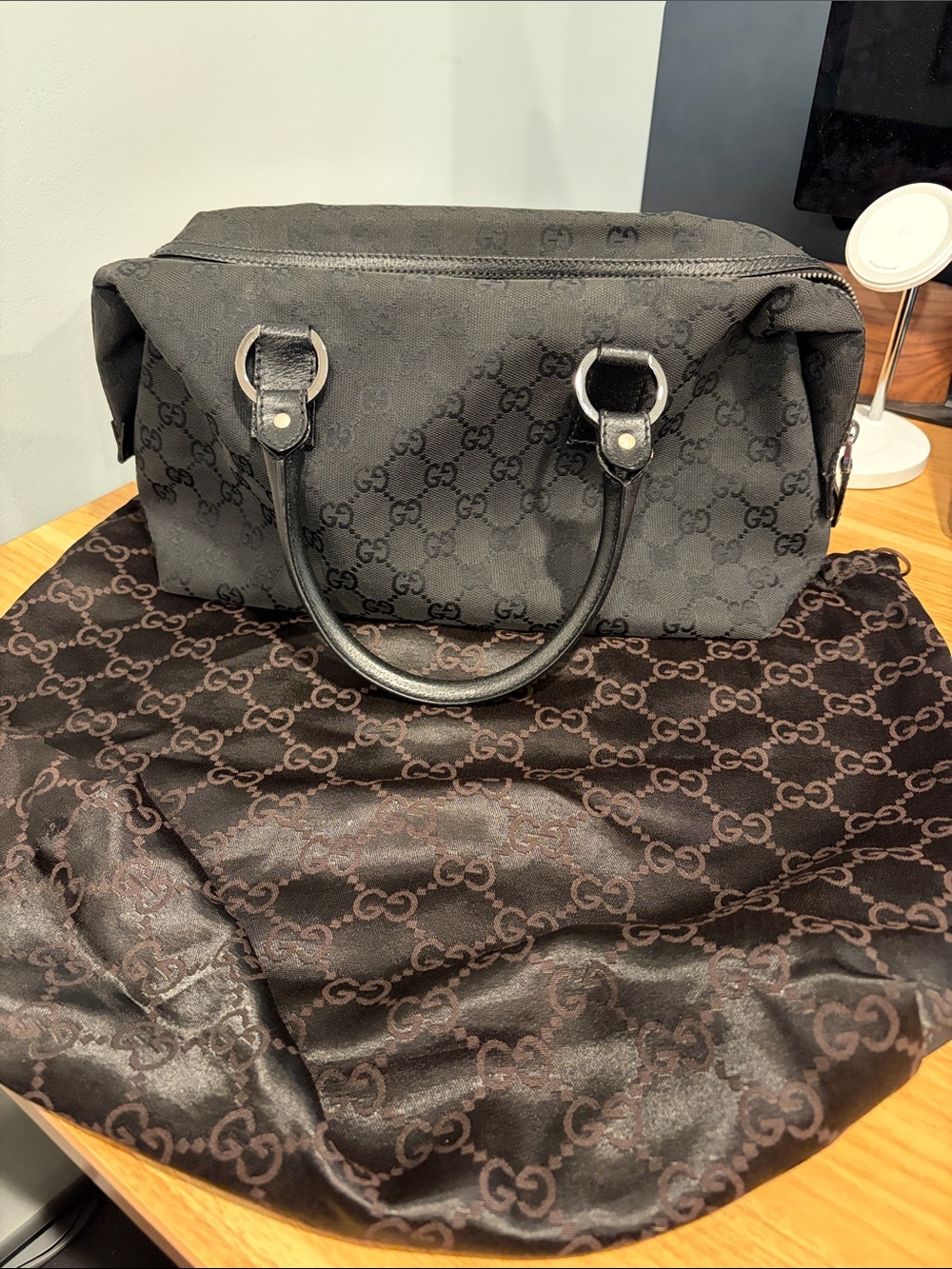 Pre-Loved Gucci Black GG Canvas Boston Bag